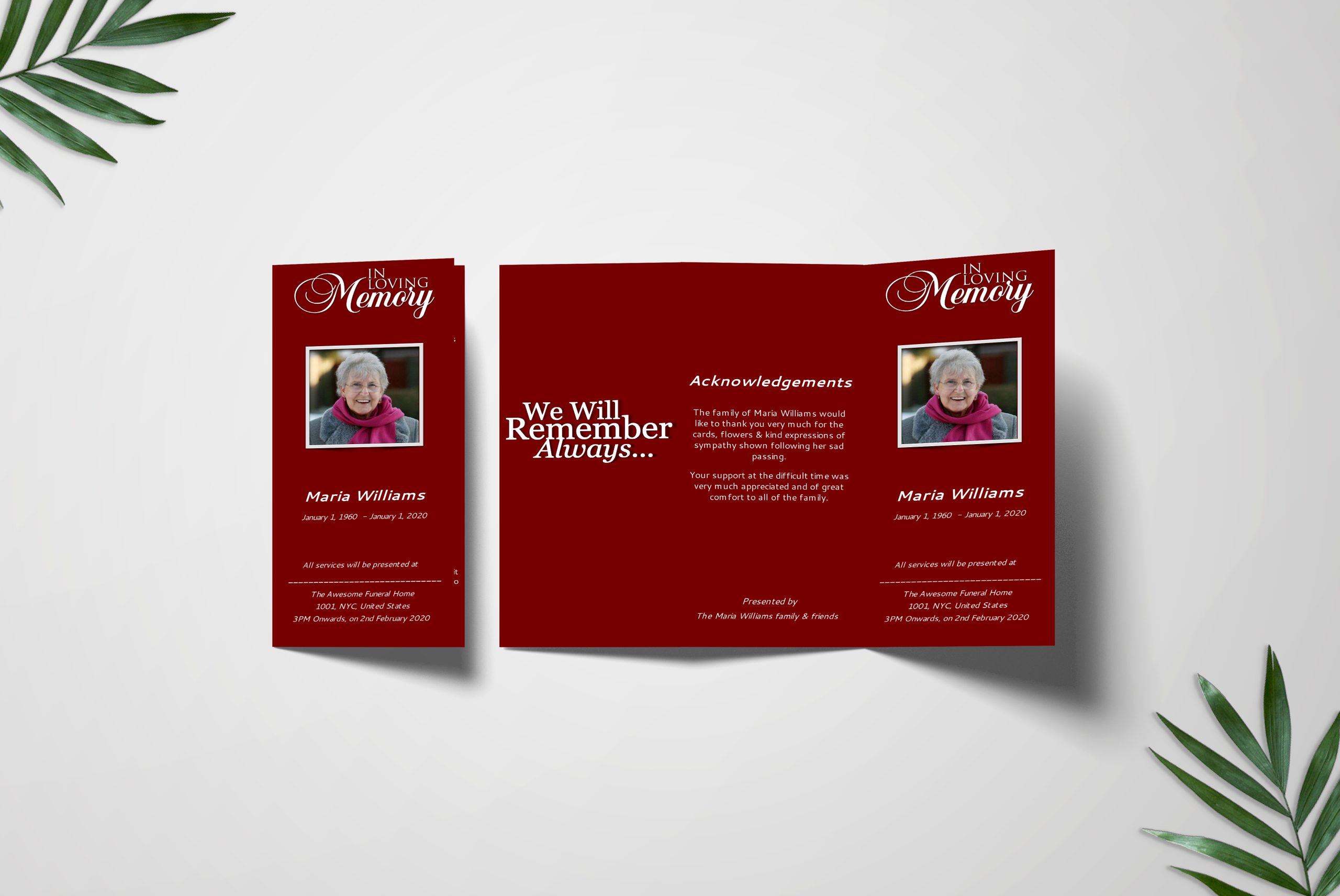 Maroon Solid Color Trifold Funeral Program Template