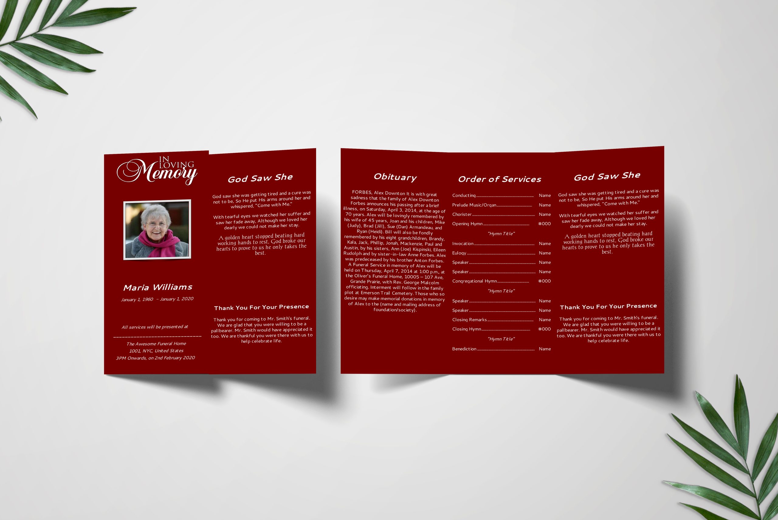 Maroon Solid Color Trifold Funeral Program Template - Image 2